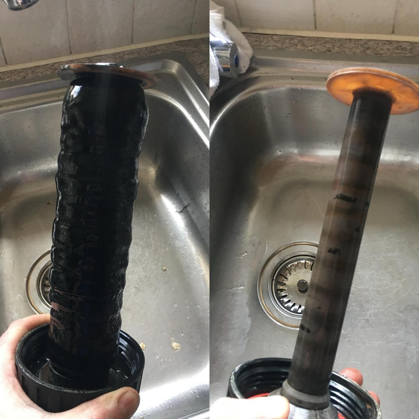 A heating system filter core, covered in sludge on the left and cleaned on the right